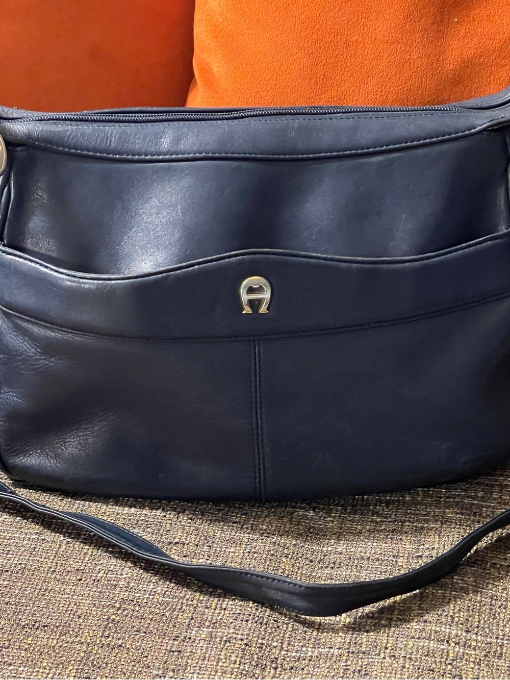 Etienne Aigner Navy Leather Shoulder Bag with Silver Accent